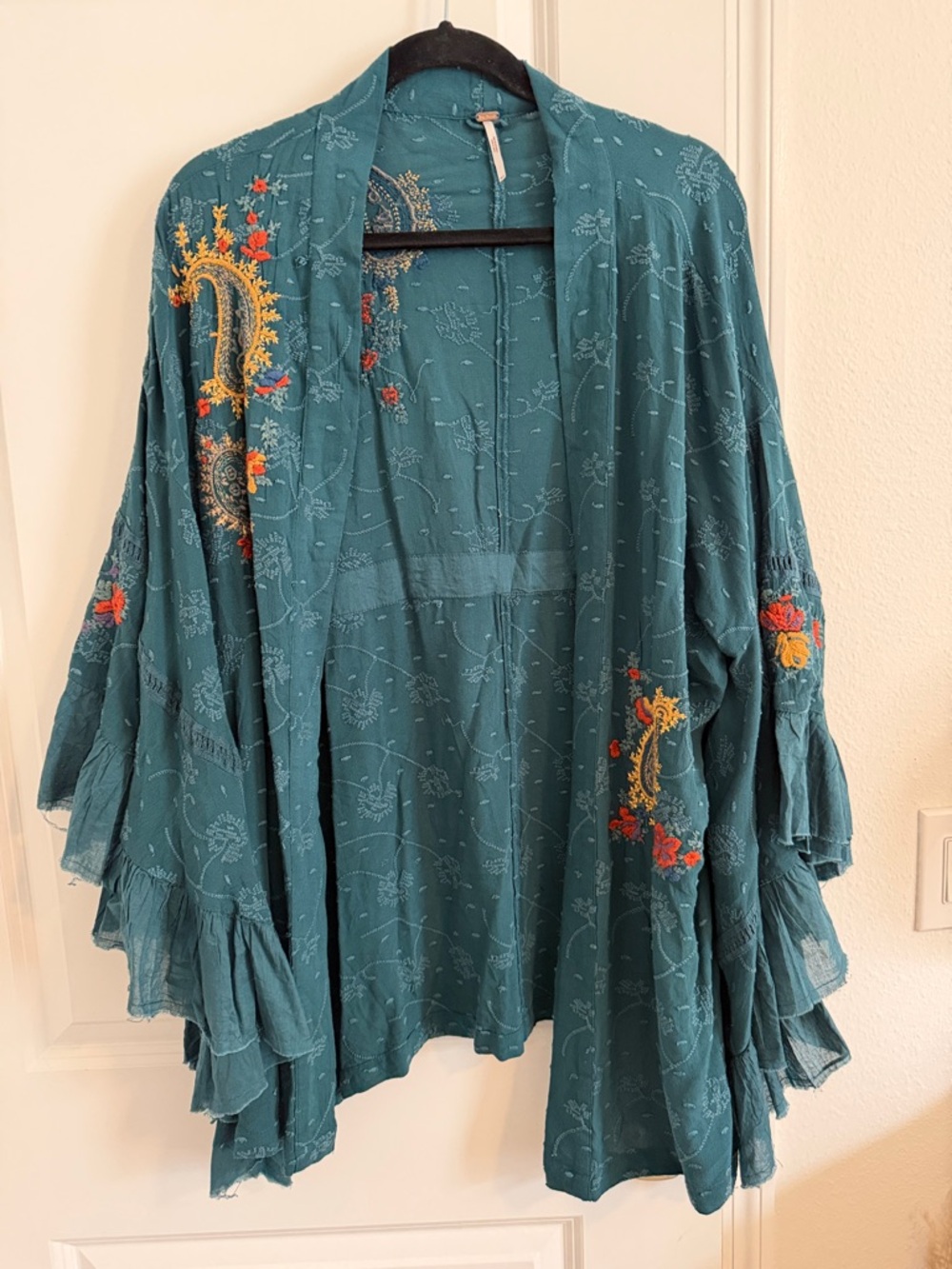 Teal Embroidered Boho Kimono